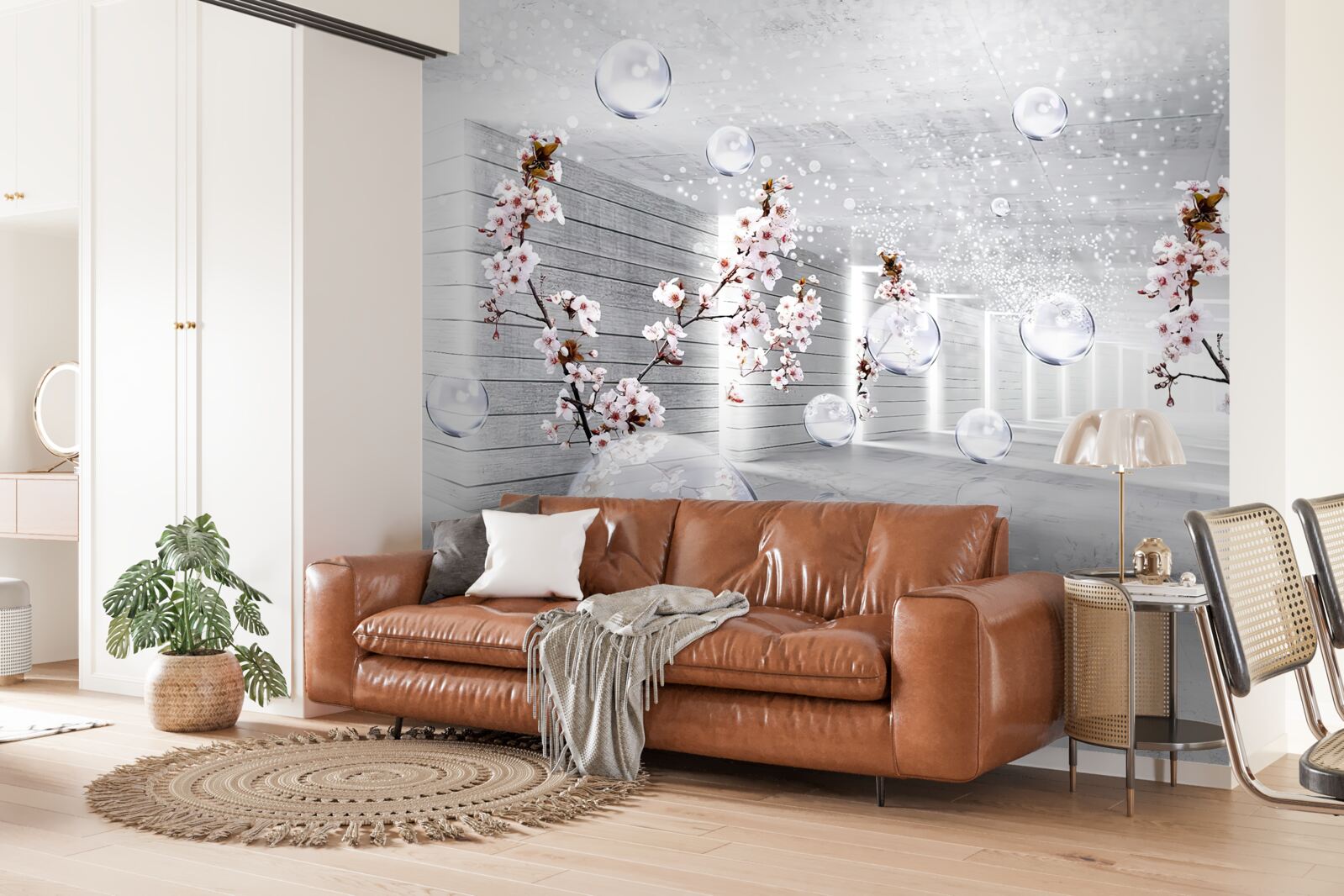 Fotobehang cirkels en takken met bloemen waar je doorheen kunt kijken