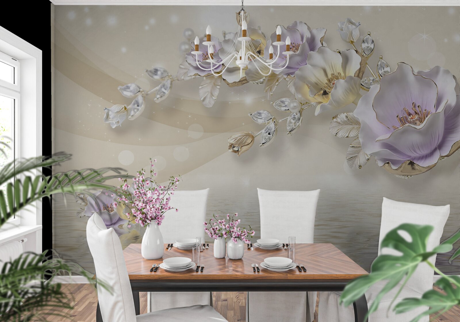 Fotobehang violet en crème bloemen