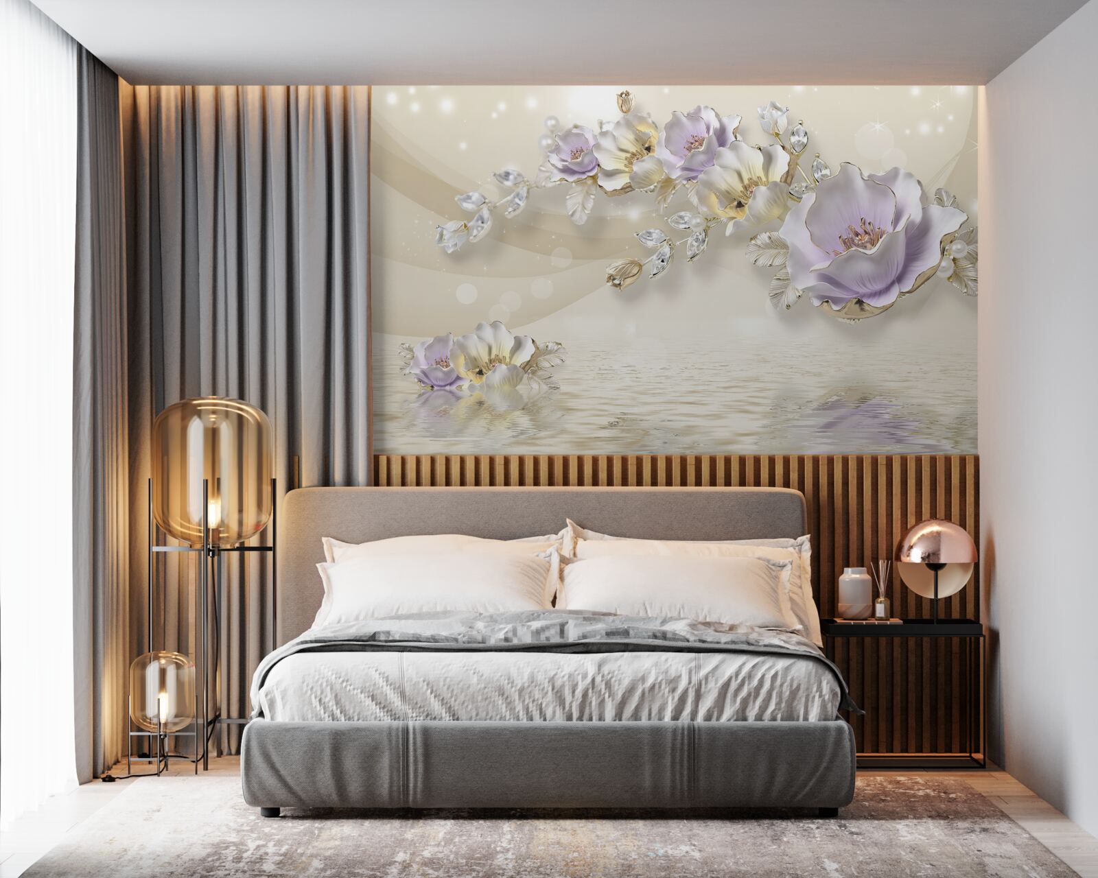 Fotobehang violet en crème bloemen