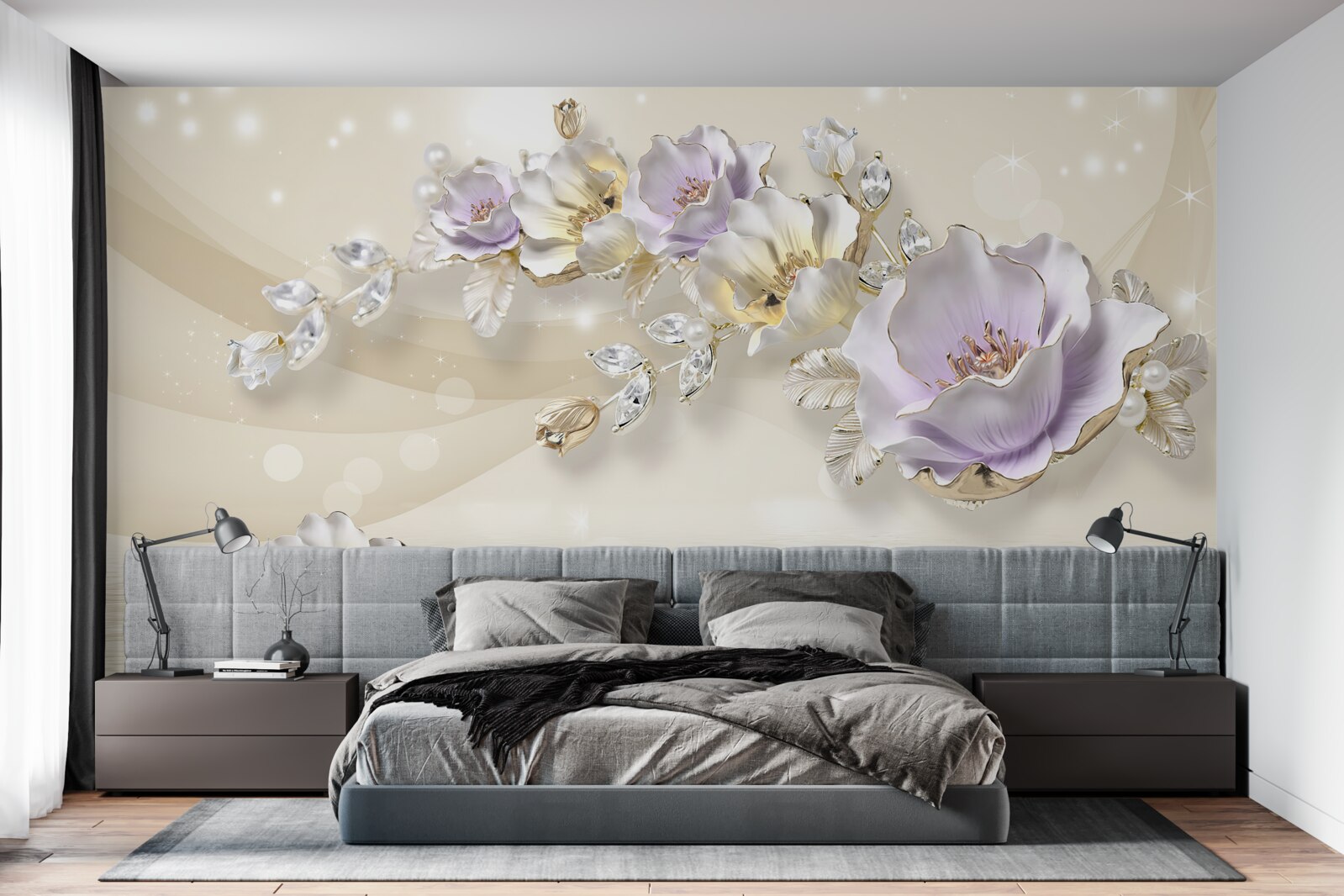 Fotobehang violet en crème bloemen