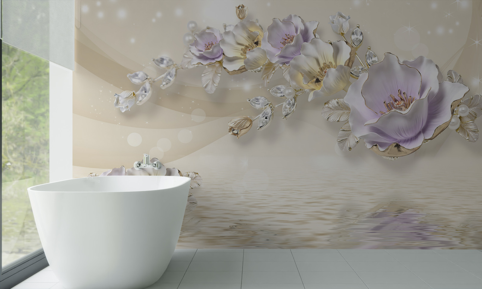 Fotobehang violet en crème bloemen