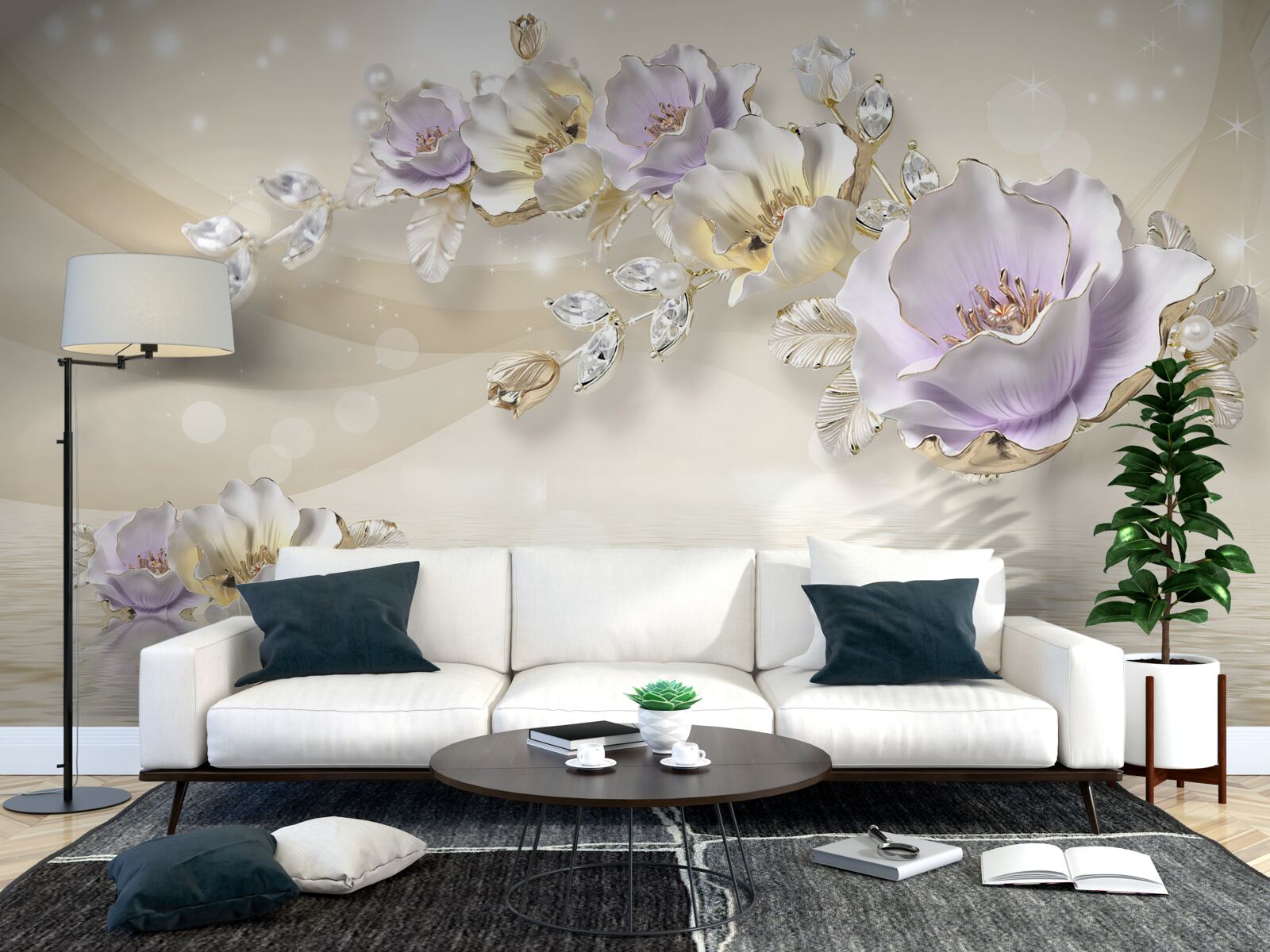 Fotobehang violet en crème bloemen