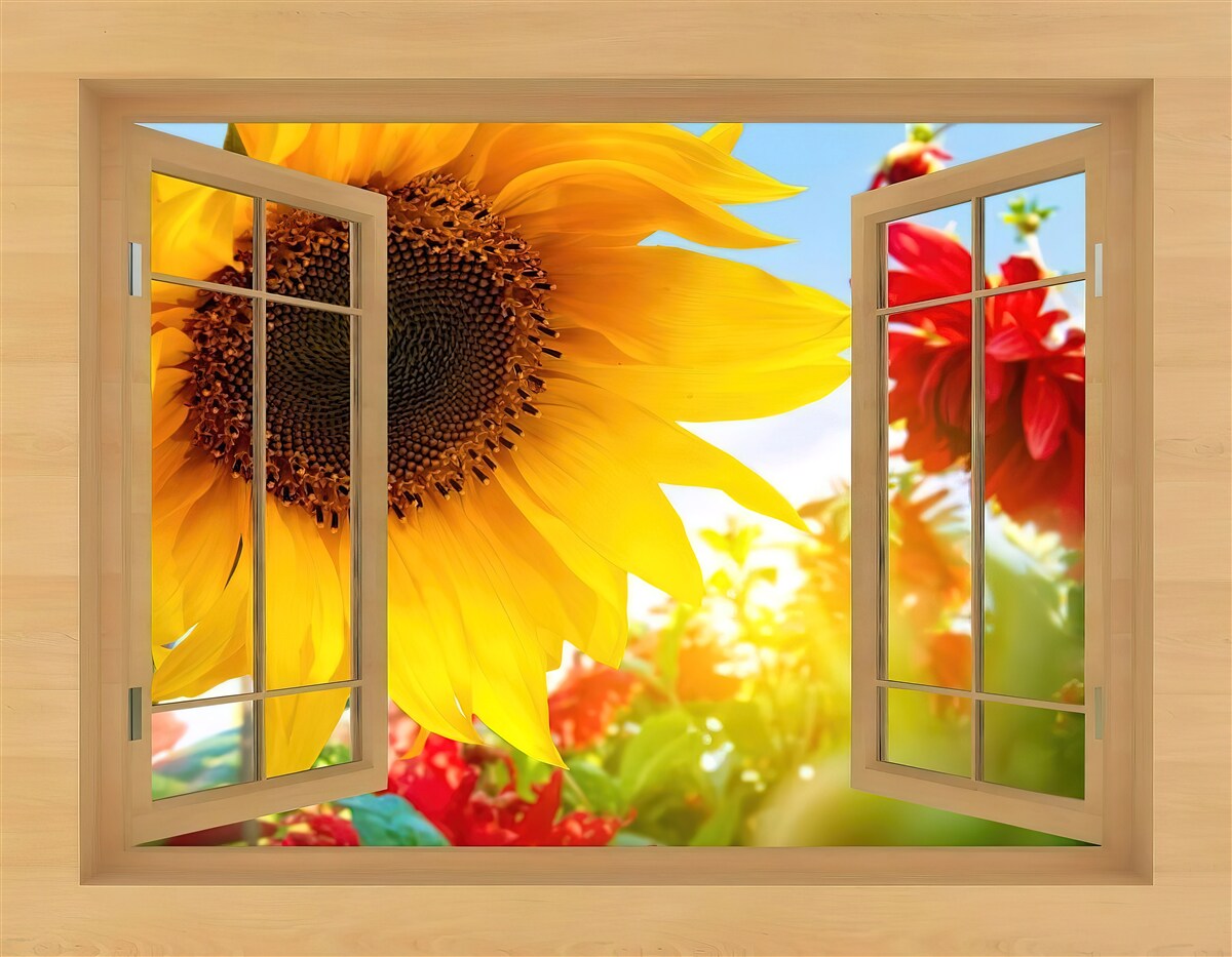 Fotobehang grote bloemen kijken uit het raam