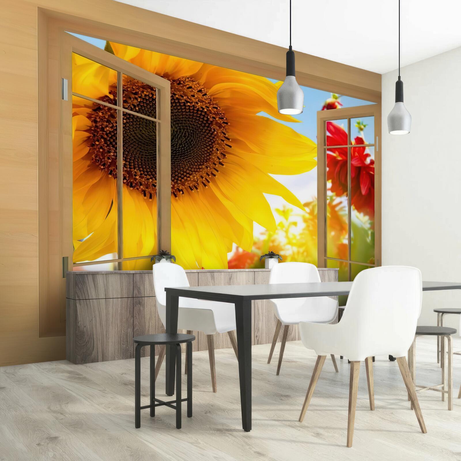 Fotobehang grote bloemen kijken uit het raam