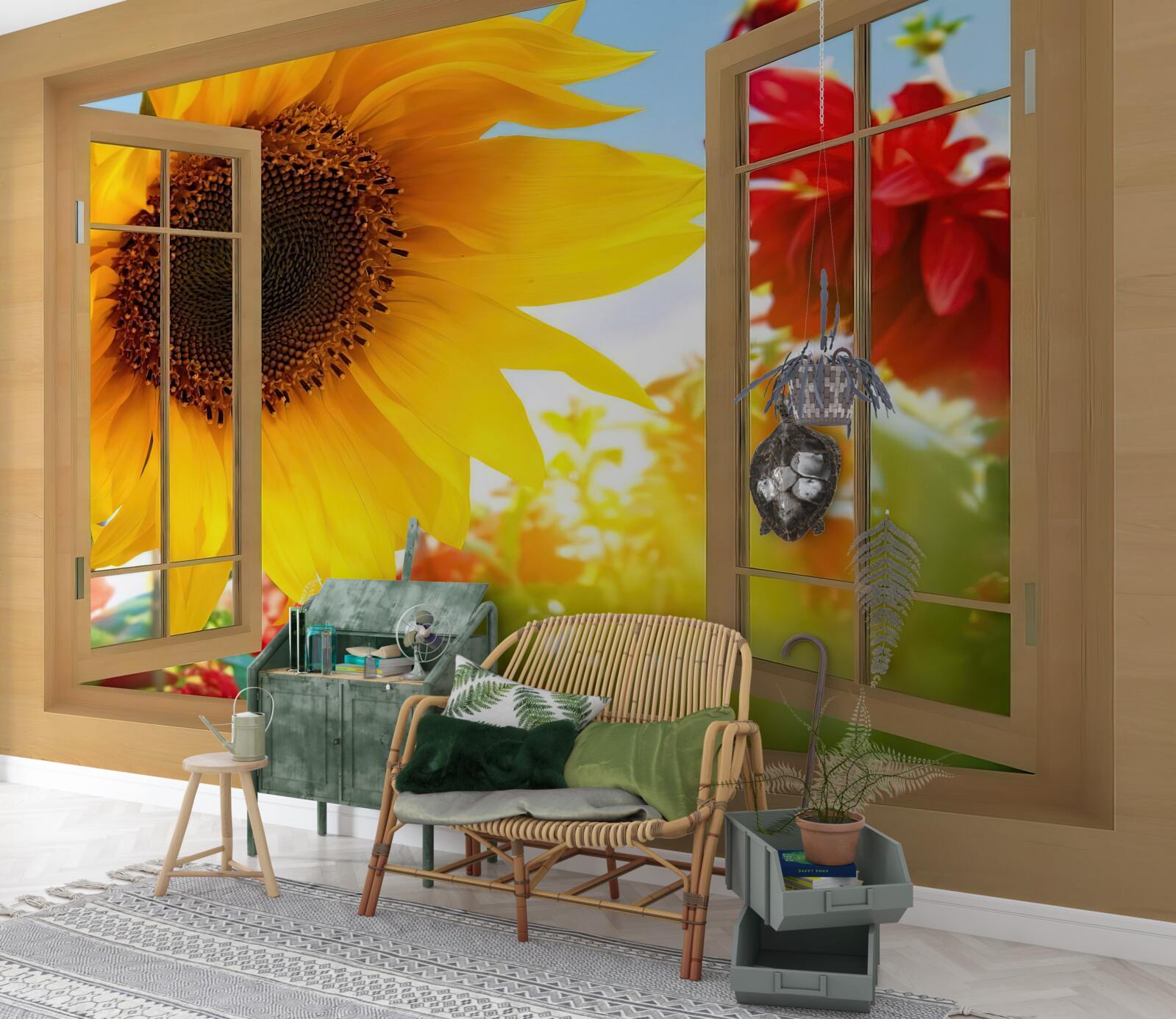 Fotobehang grote bloemen kijken uit het raam