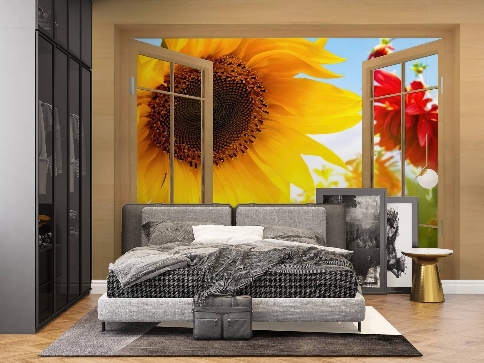 Fotobehang grote bloemen kijken uit het raam