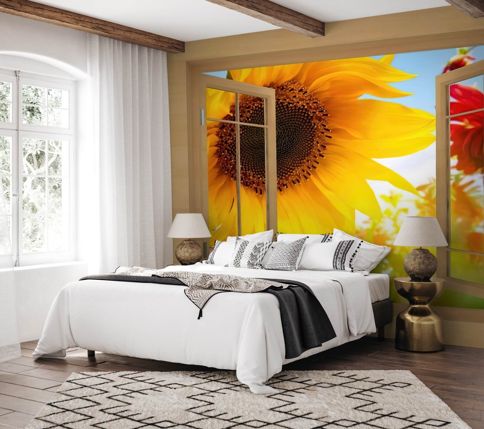 Fotobehang grote bloemen kijken uit het raam