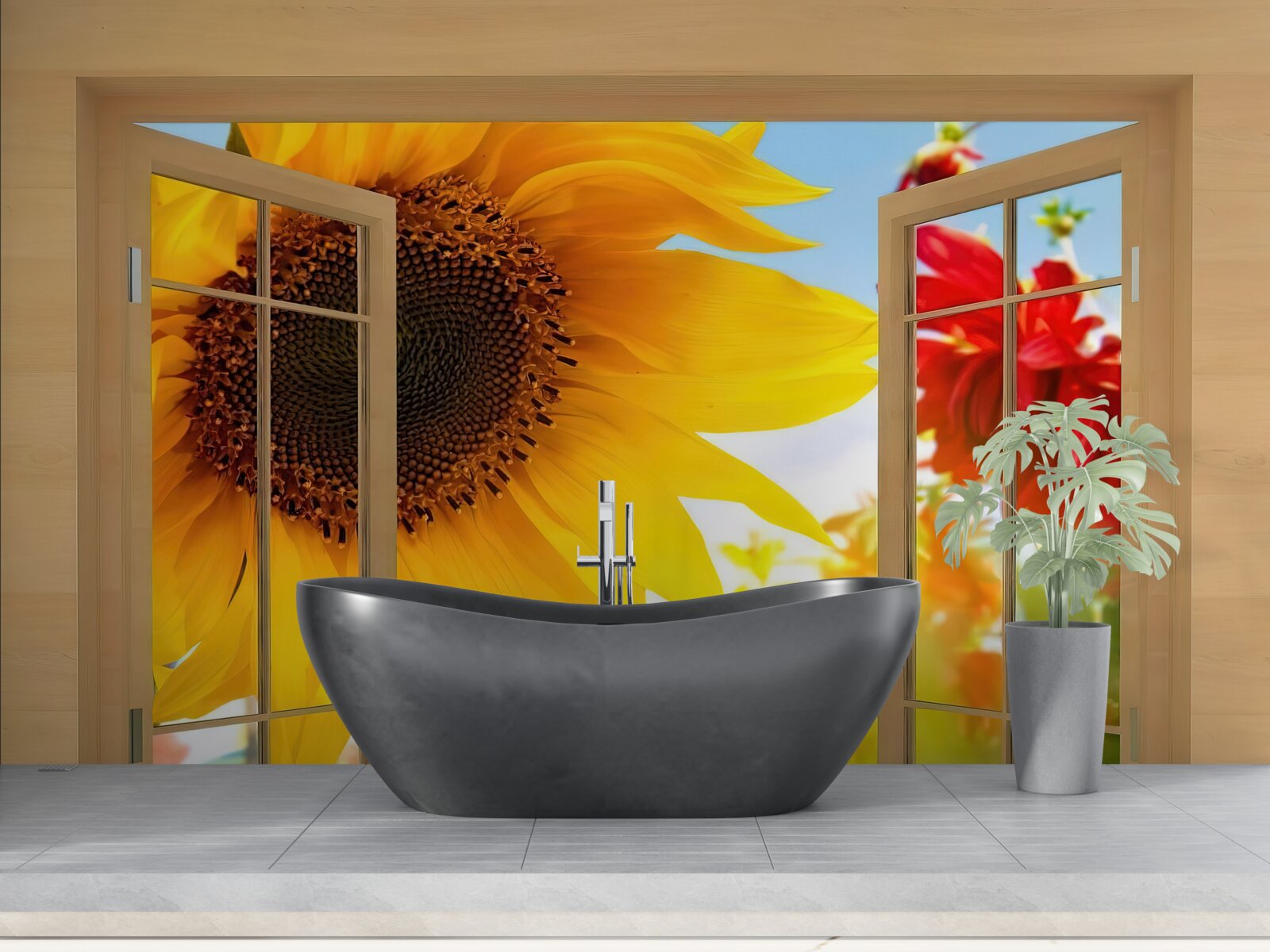 Fotobehang grote bloemen kijken uit het raam