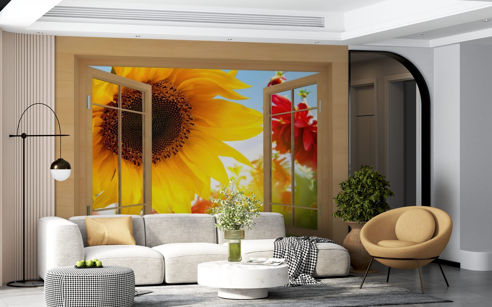 Fotobehang grote bloemen kijken uit het raam