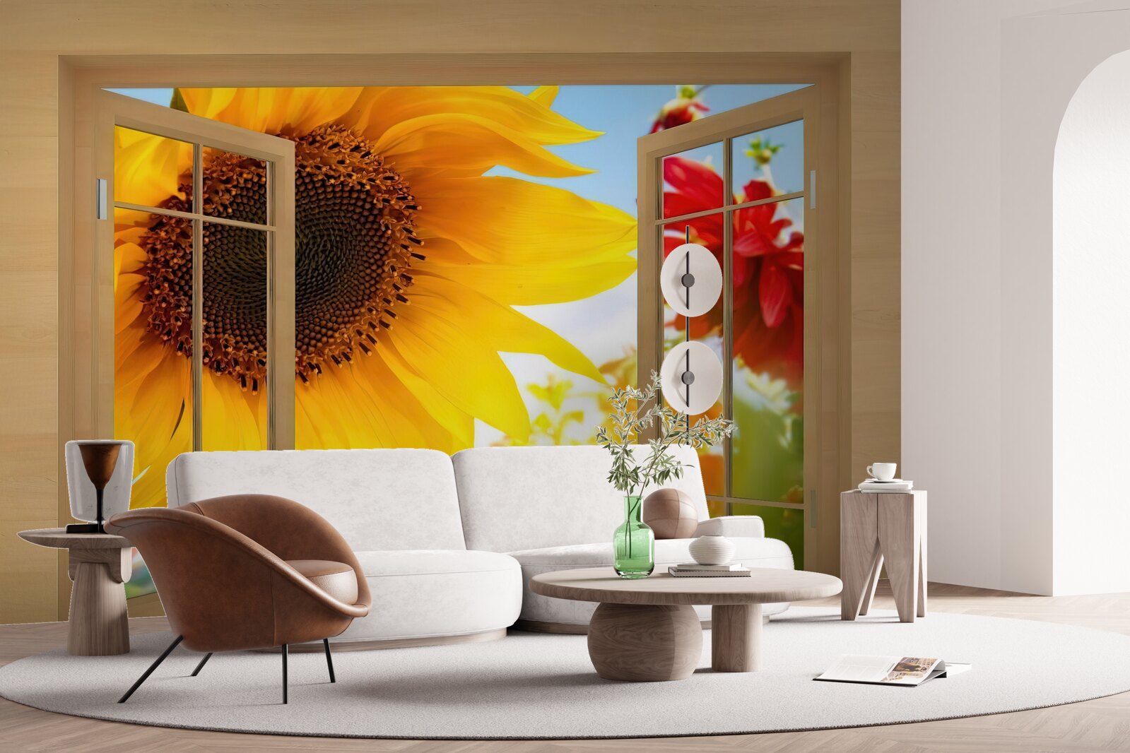 Fotobehang grote bloemen kijken uit het raam