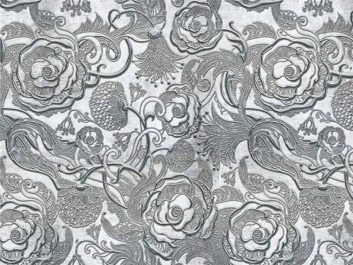 Fotobehang bloemen met een zilvergrijze omtrek