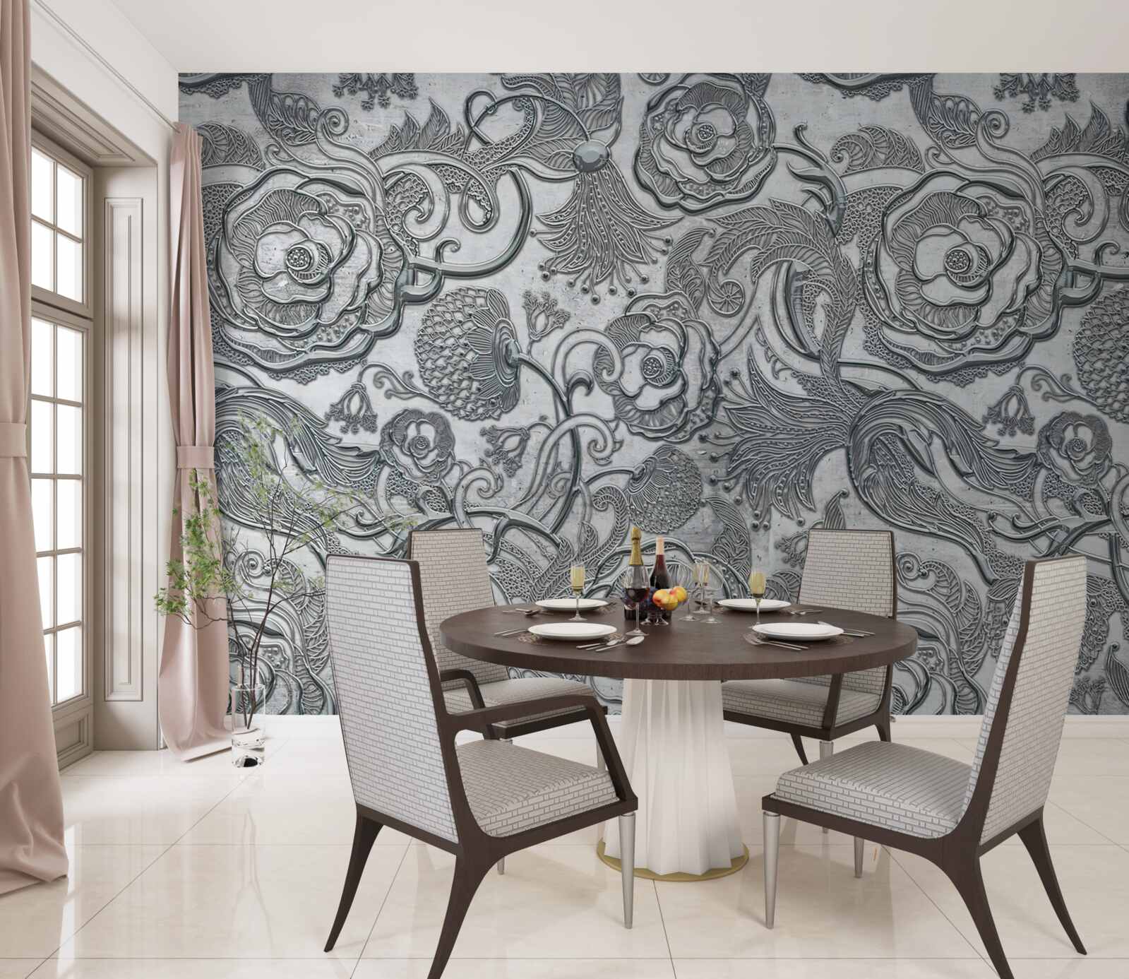 Fotobehang bloemen met een zilvergrijze omtrek