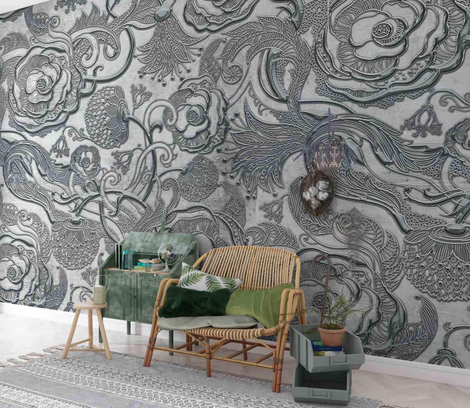 Fotobehang bloemen met een zilvergrijze omtrek