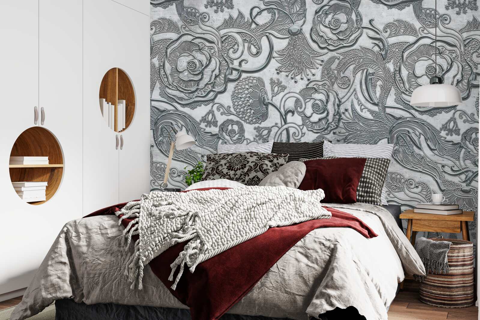 Fotobehang bloemen met een zilvergrijze omtrek