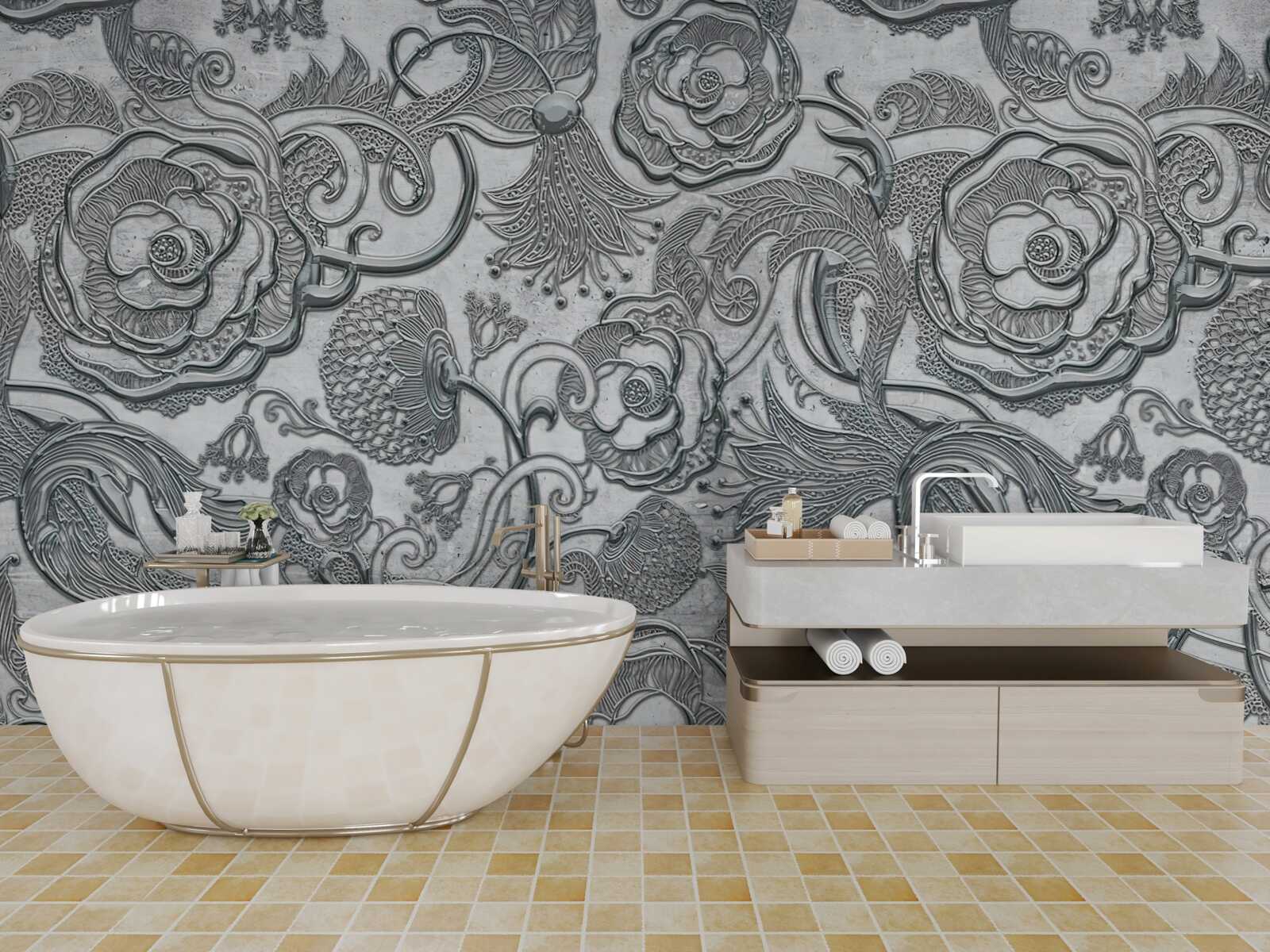 Fotobehang bloemen met een zilvergrijze omtrek