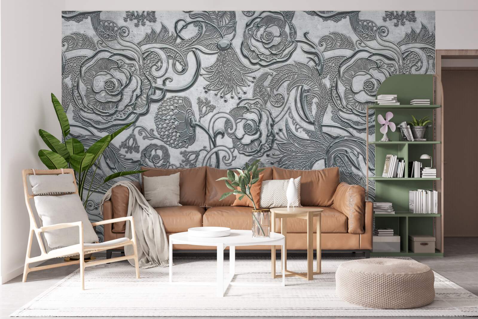 Fotobehang bloemen met een zilvergrijze omtrek