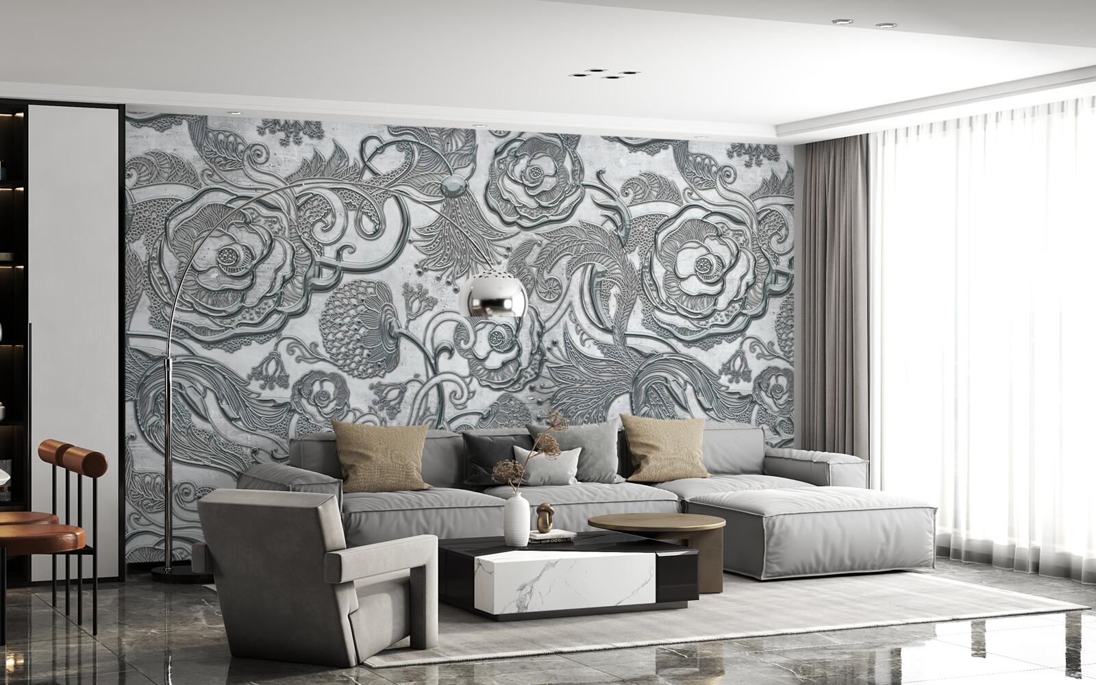 Fotobehang bloemen met een zilvergrijze omtrek