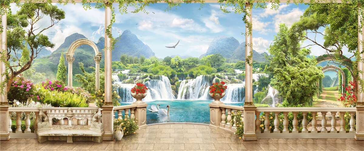 Fotobehang het panorama op het balkon toont een waterval en sierlijk zwemmende zwanen