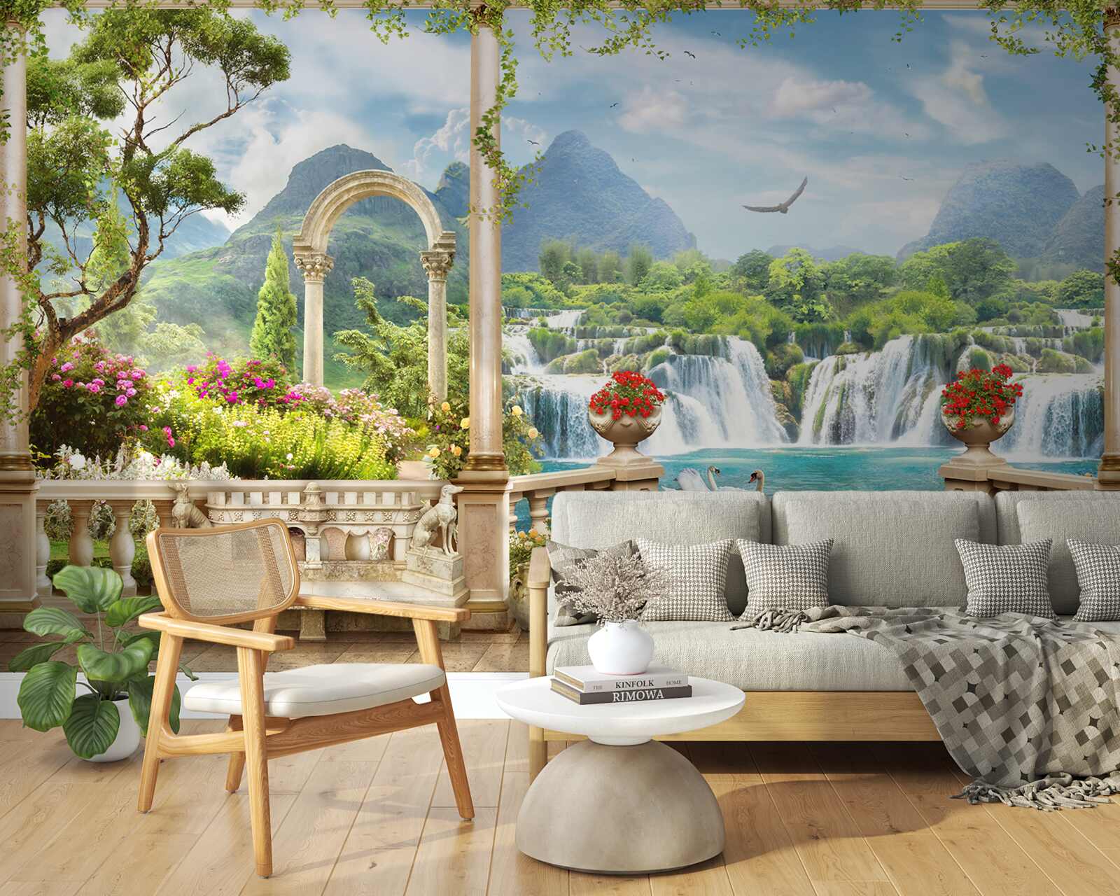 Fotobehang het panorama op het balkon toont een waterval en sierlijk zwemmende zwanen