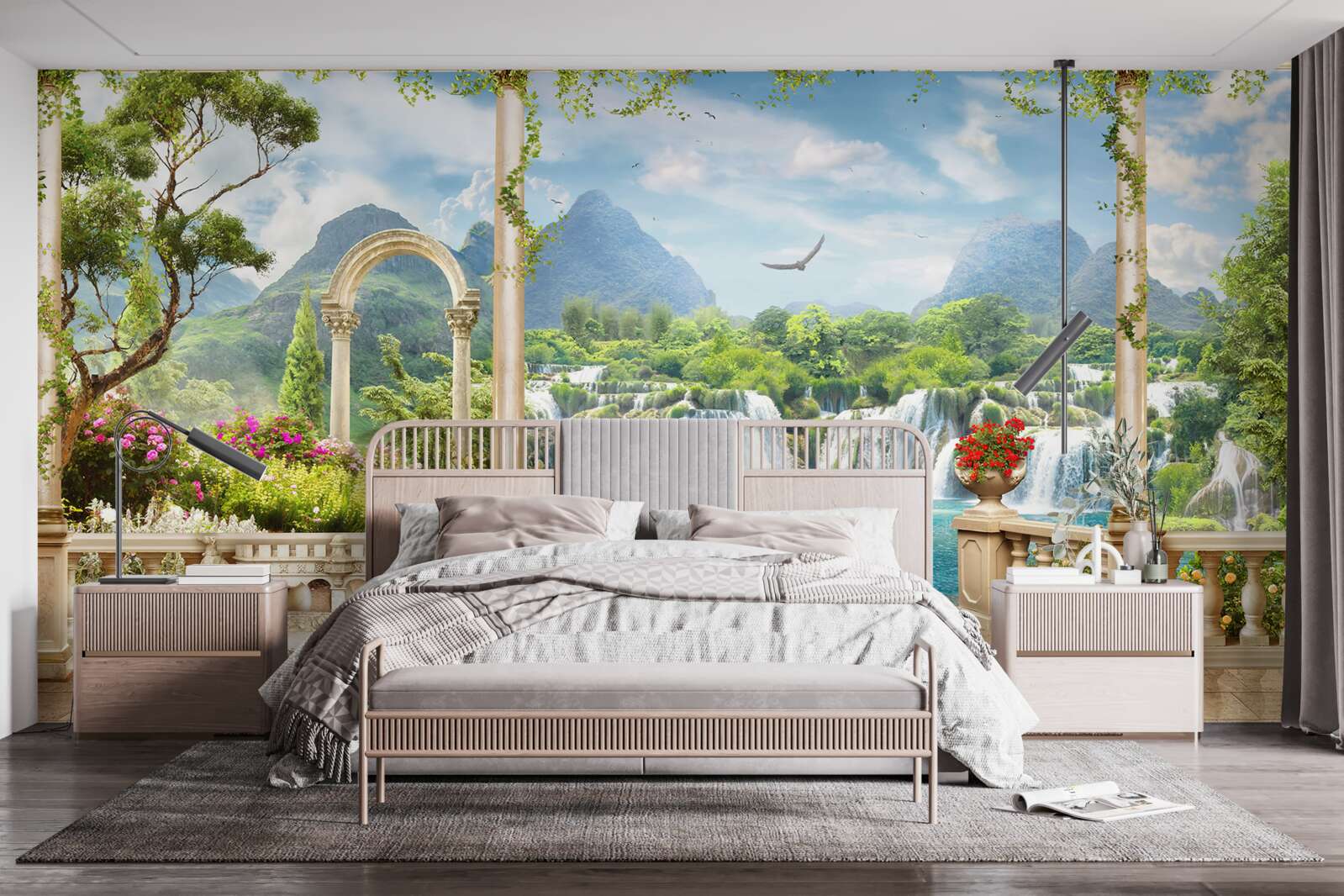 Fotobehang het panorama op het balkon toont een waterval en sierlijk zwemmende zwanen