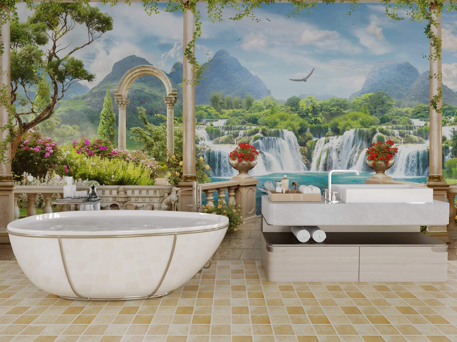 Fotobehang het panorama op het balkon toont een waterval en sierlijk zwemmende zwanen