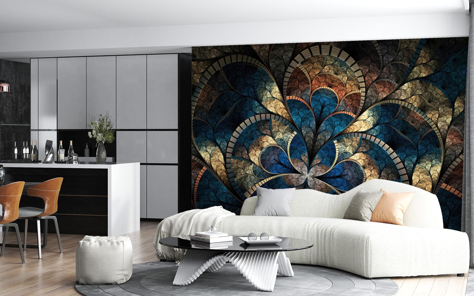 Fotobehang donkerblauwe en gouden figuren