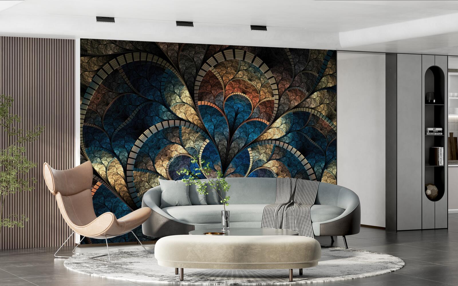 Fotobehang donkerblauwe en gouden figuren