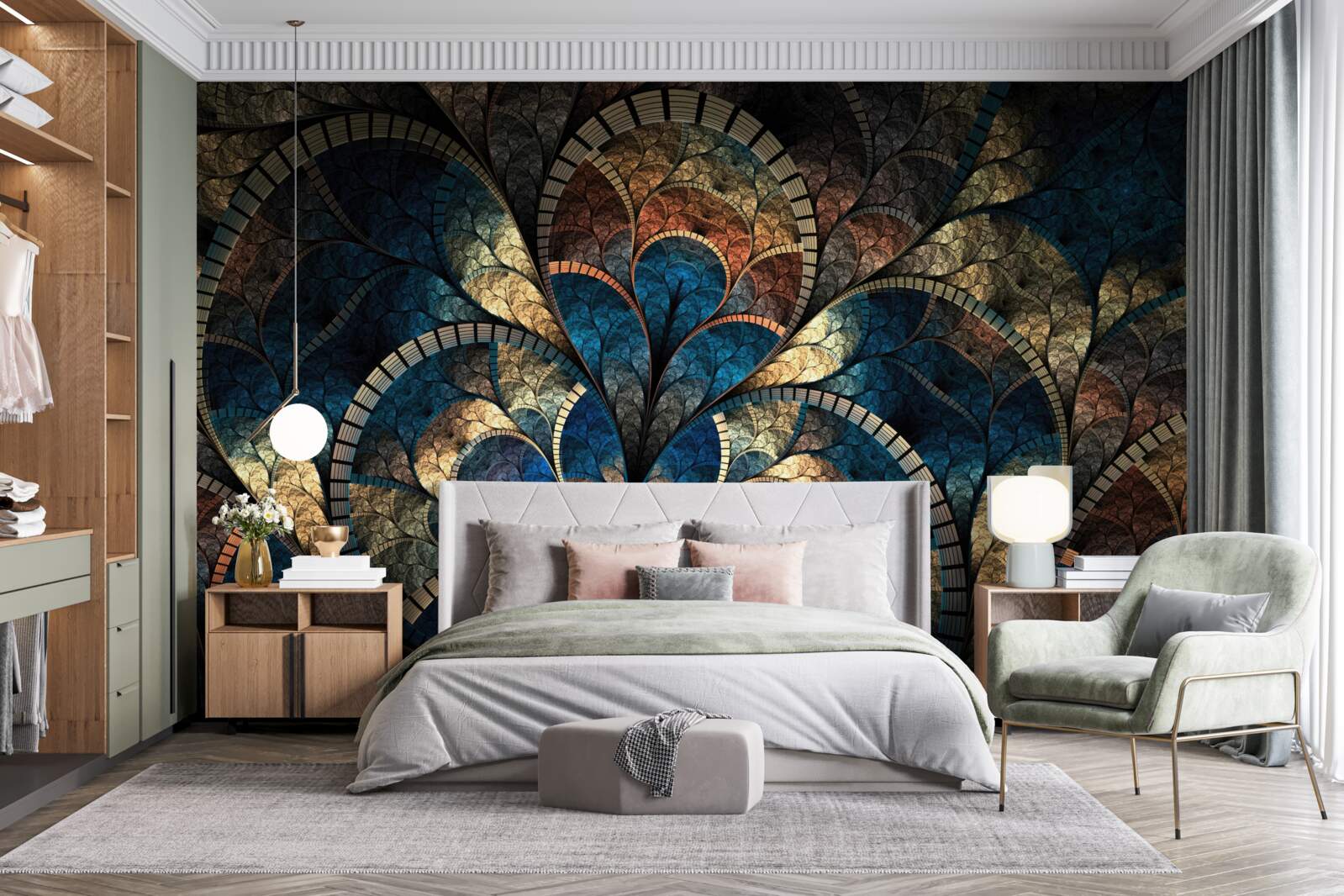 Fotobehang donkerblauwe en gouden figuren