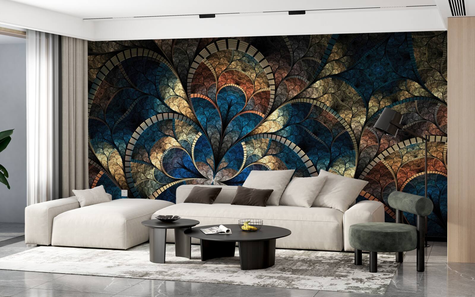 Fotobehang donkerblauwe en gouden figuren