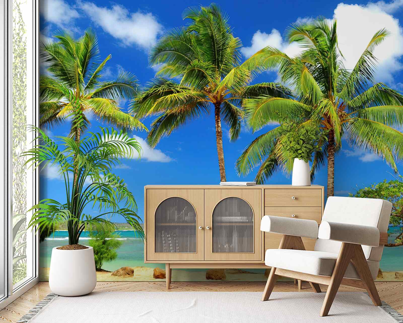 Fotobehang palmbomen aan een zandkust