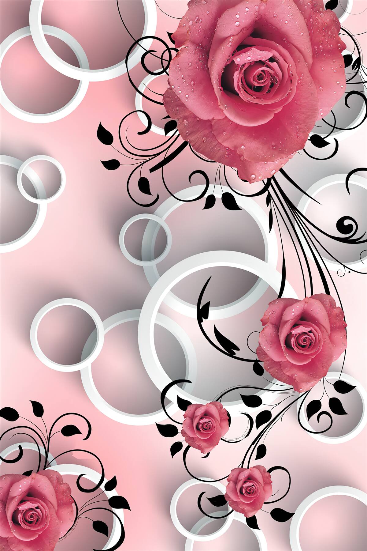 Fotobehang roze rozen in lichte tinten op een achtergrond van dezelfde kleur met witte cirkels