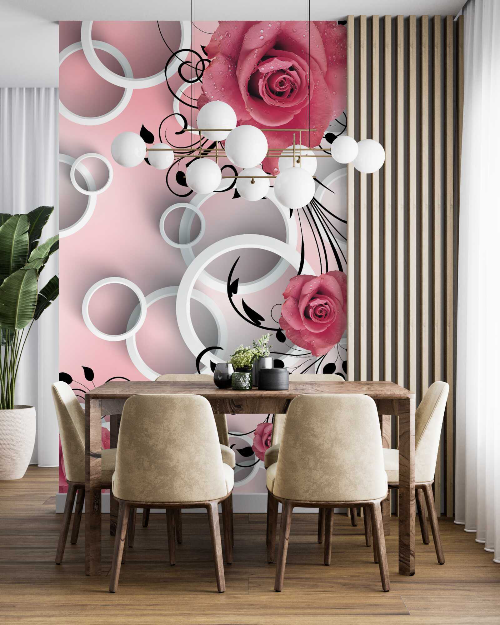 Fotobehang roze rozen in lichte tinten op een achtergrond van dezelfde kleur met witte cirkels