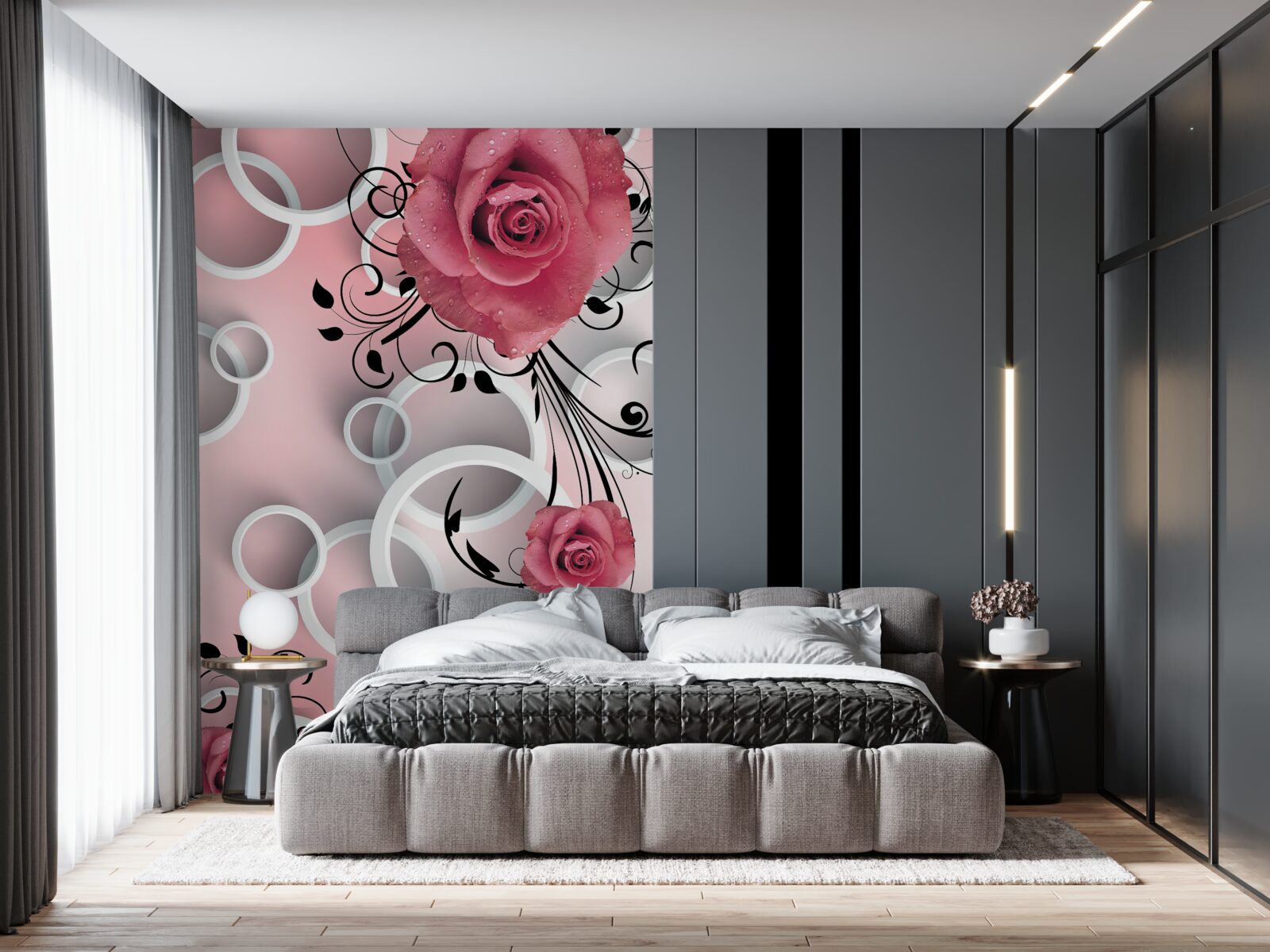 Fotobehang roze rozen in lichte tinten op een achtergrond van dezelfde kleur met witte cirkels