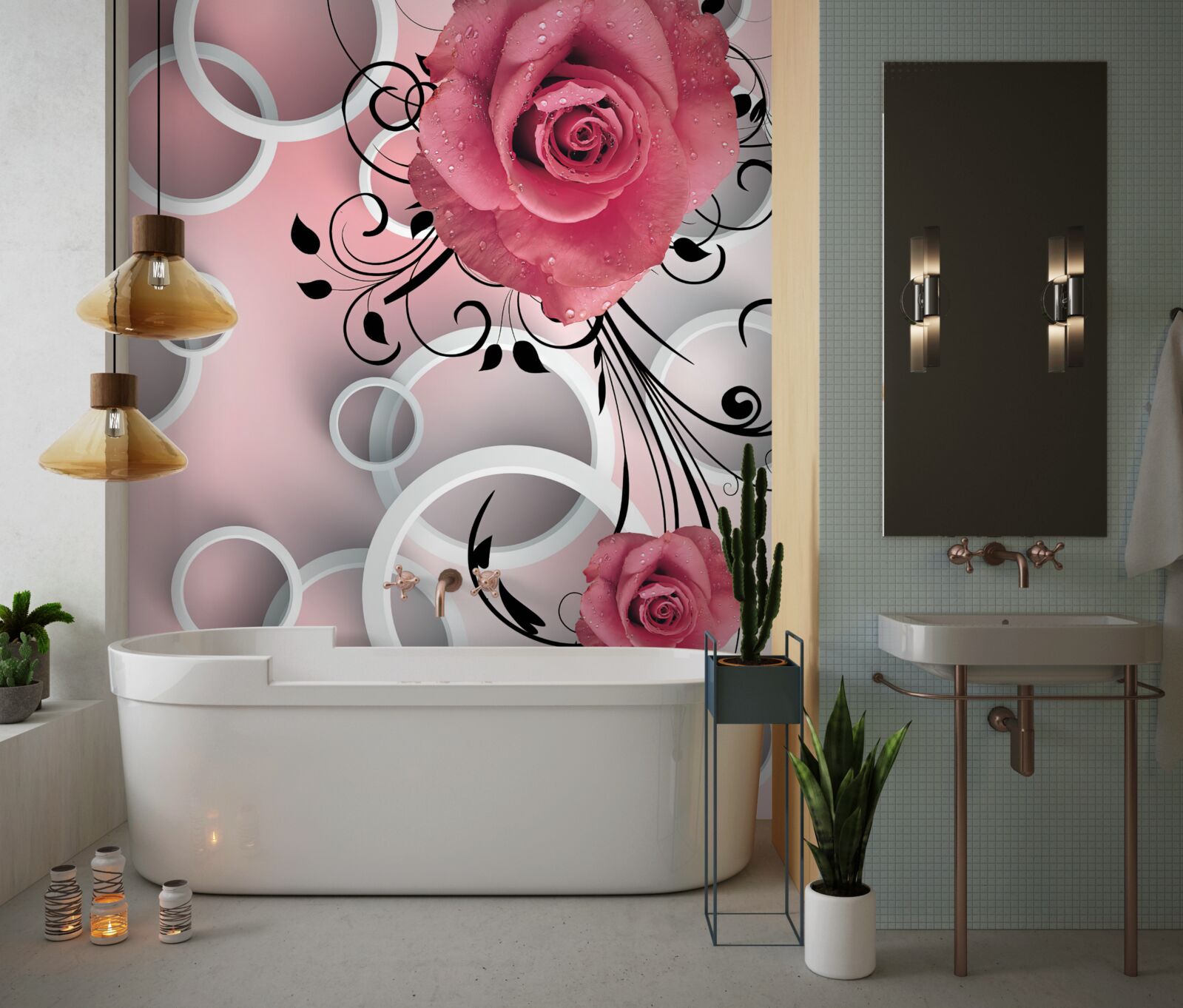 Fotobehang roze rozen in lichte tinten op een achtergrond van dezelfde kleur met witte cirkels