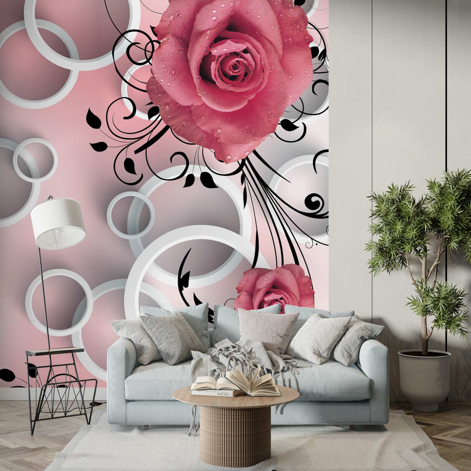 Fotobehang roze rozen in lichte tinten op een achtergrond van dezelfde kleur met witte cirkels