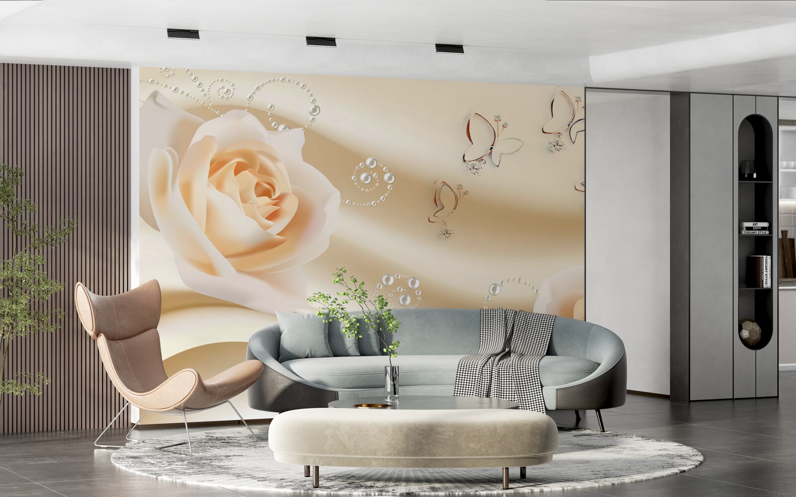 Fotobehang crèmekleurige stof en een paar rozen