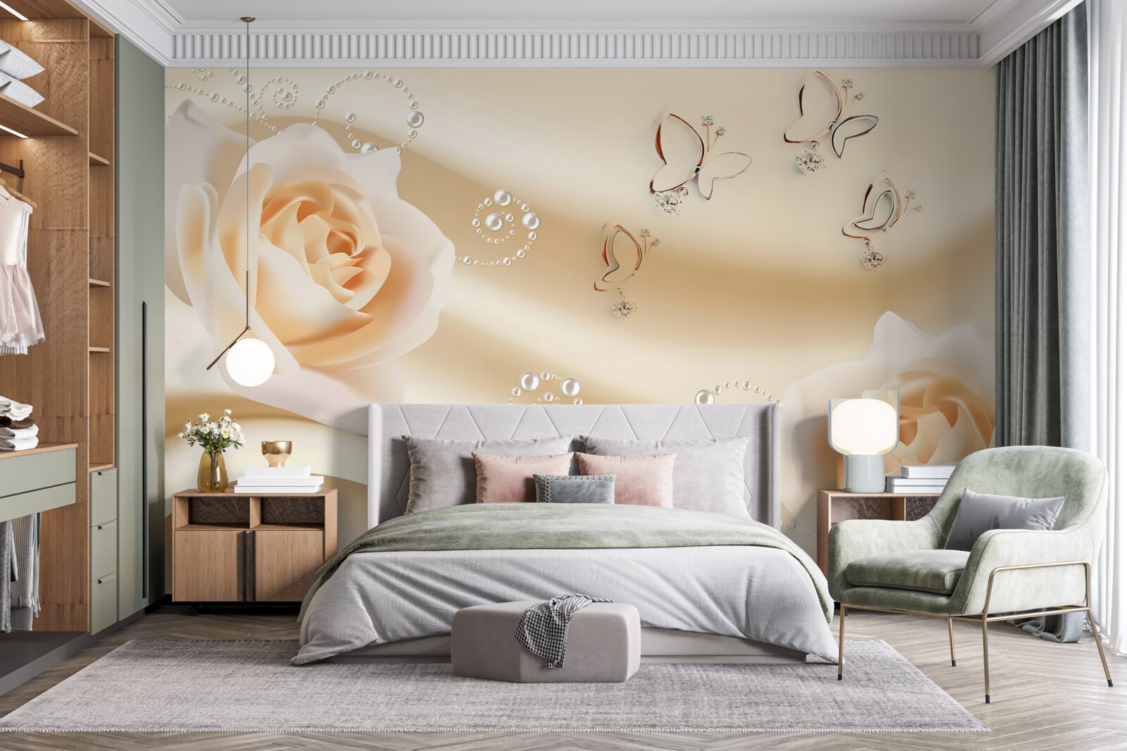 Fotobehang crèmekleurige stof en een paar rozen