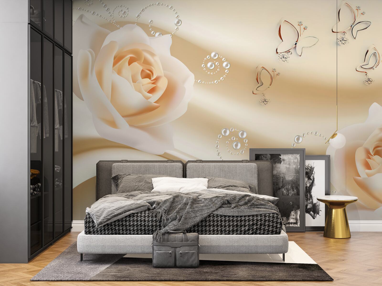 Fotobehang crèmekleurige stof en een paar rozen