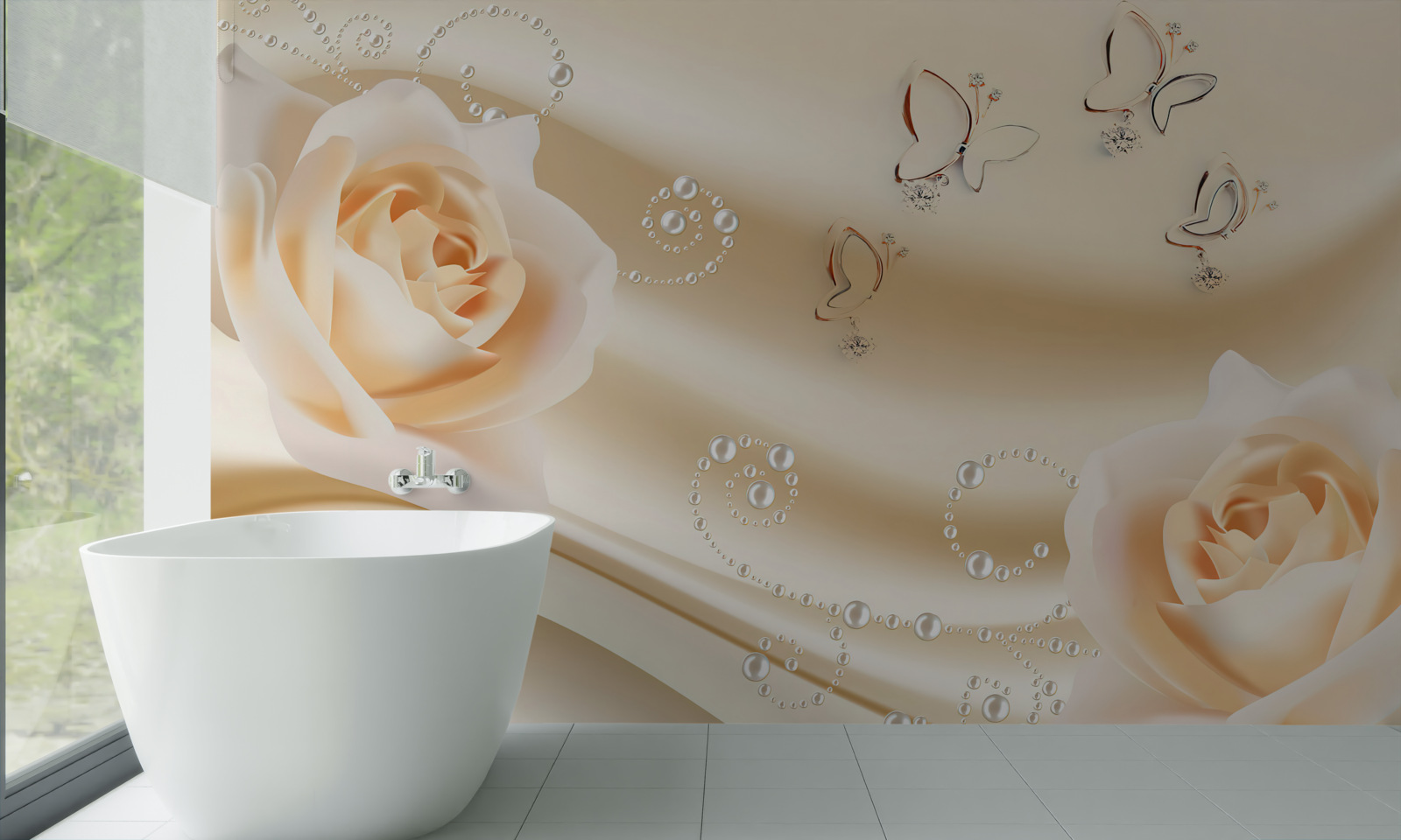 Fotobehang crèmekleurige stof en een paar rozen