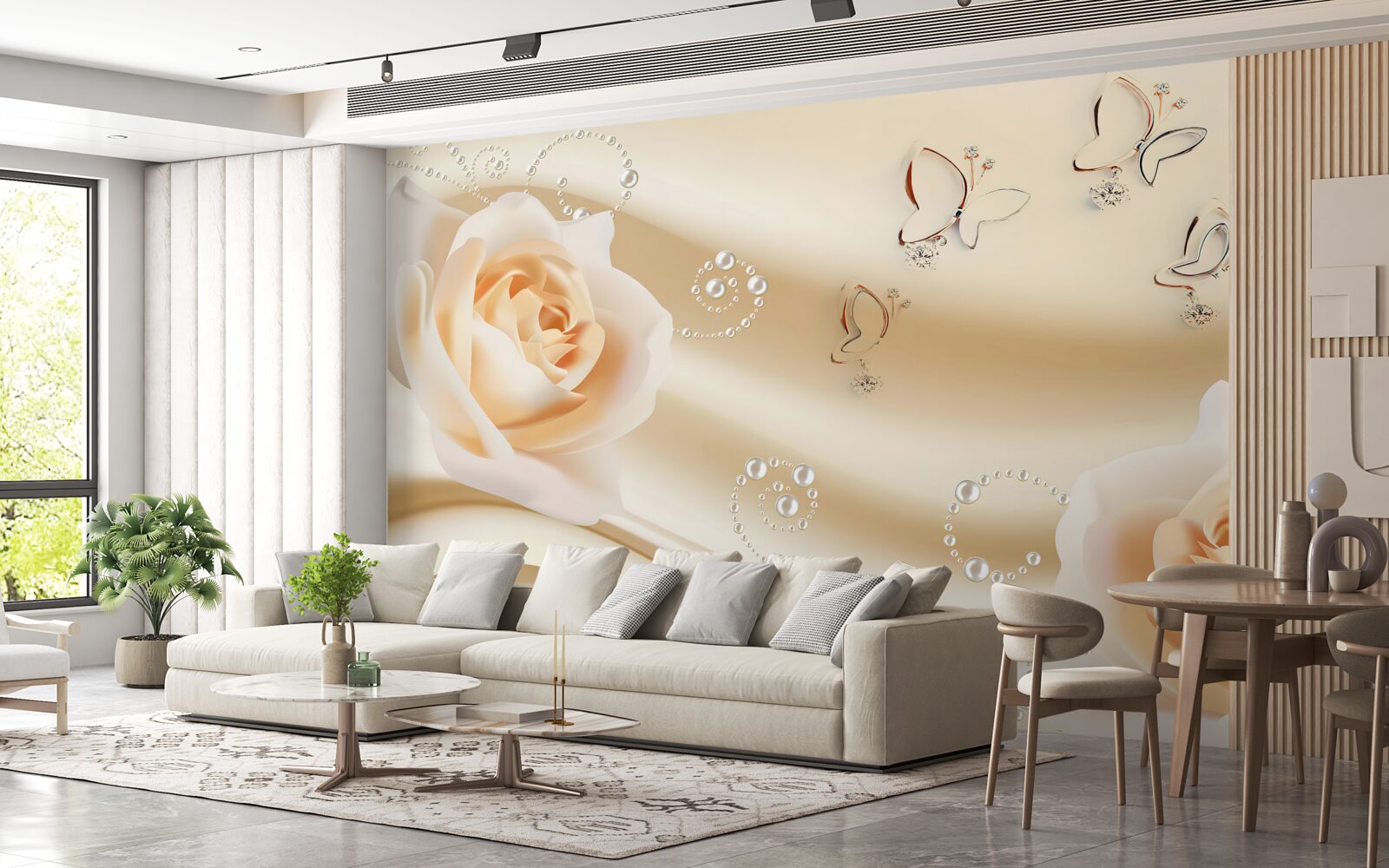 Fotobehang crèmekleurige stof en een paar rozen