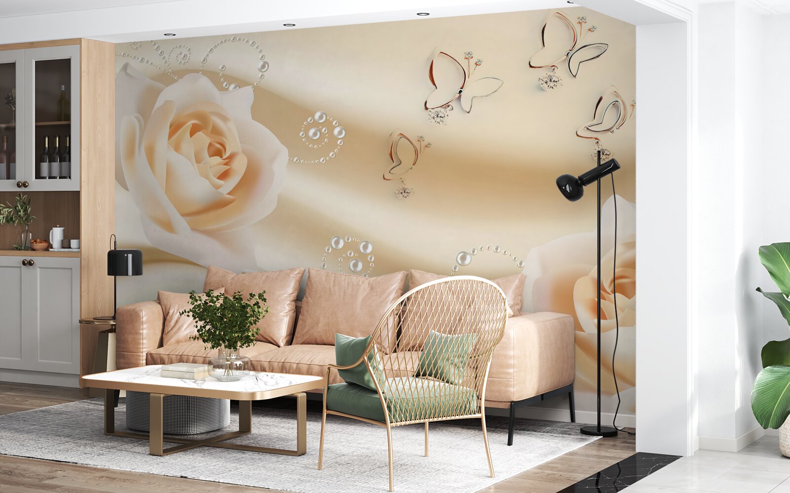 Fotobehang crèmekleurige stof en een paar rozen