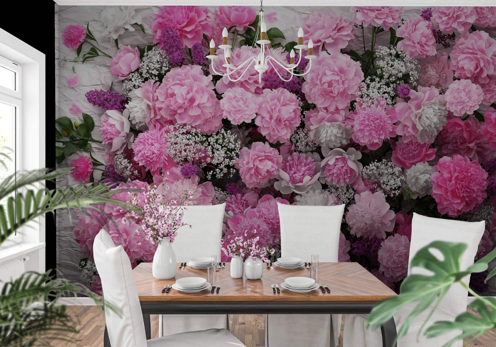 Fotobehang groot aantal roze pioenrozen