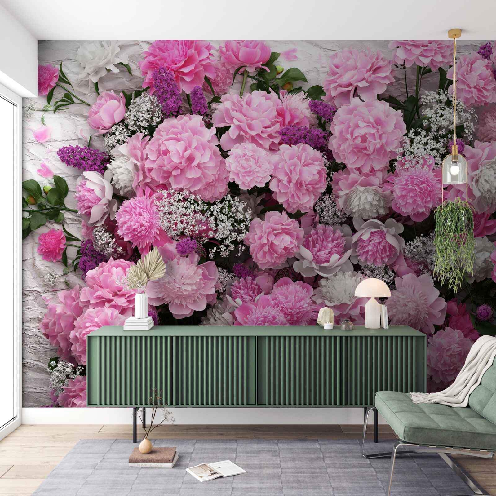 Fotobehang groot aantal roze pioenrozen