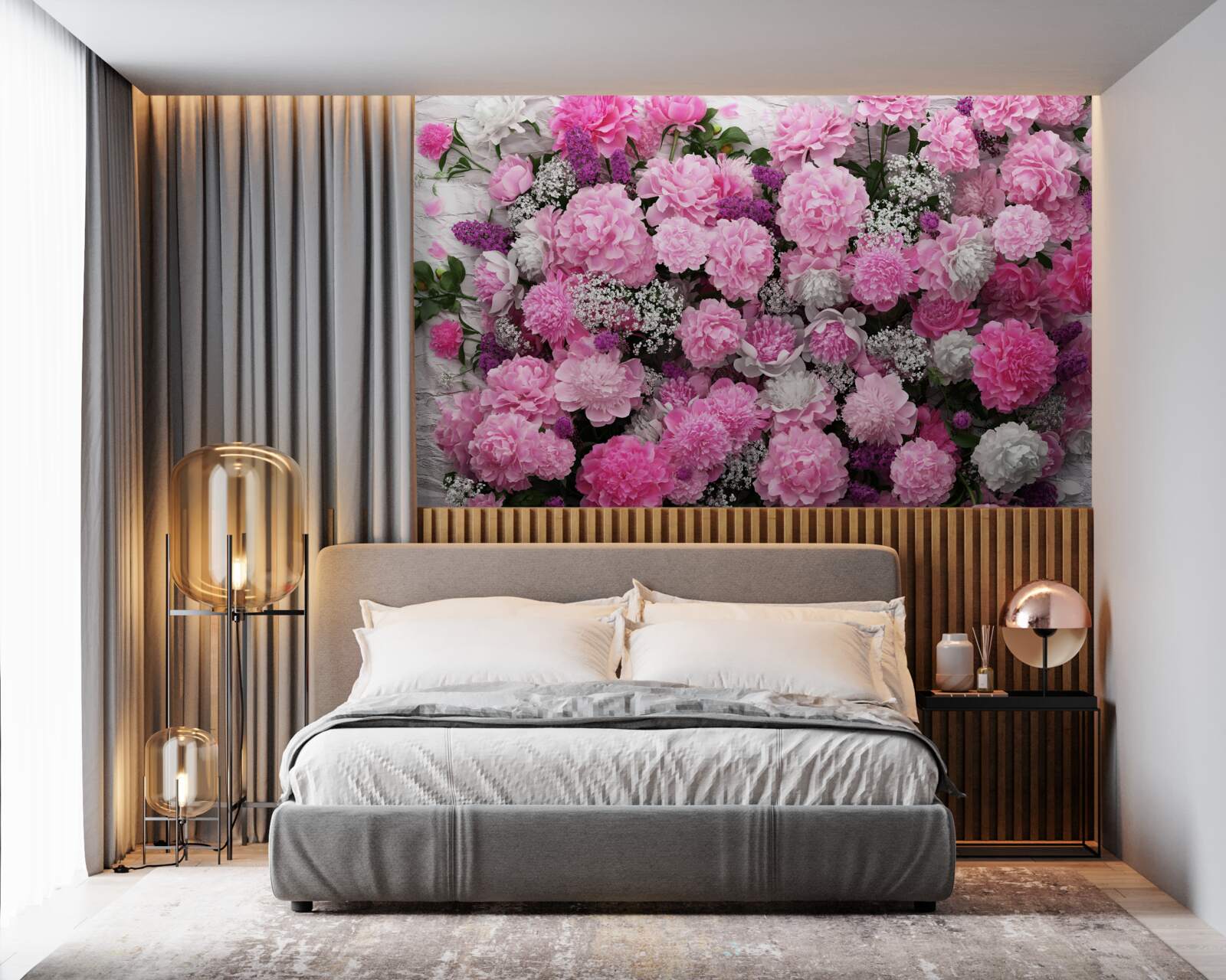 Fotobehang groot aantal roze pioenrozen