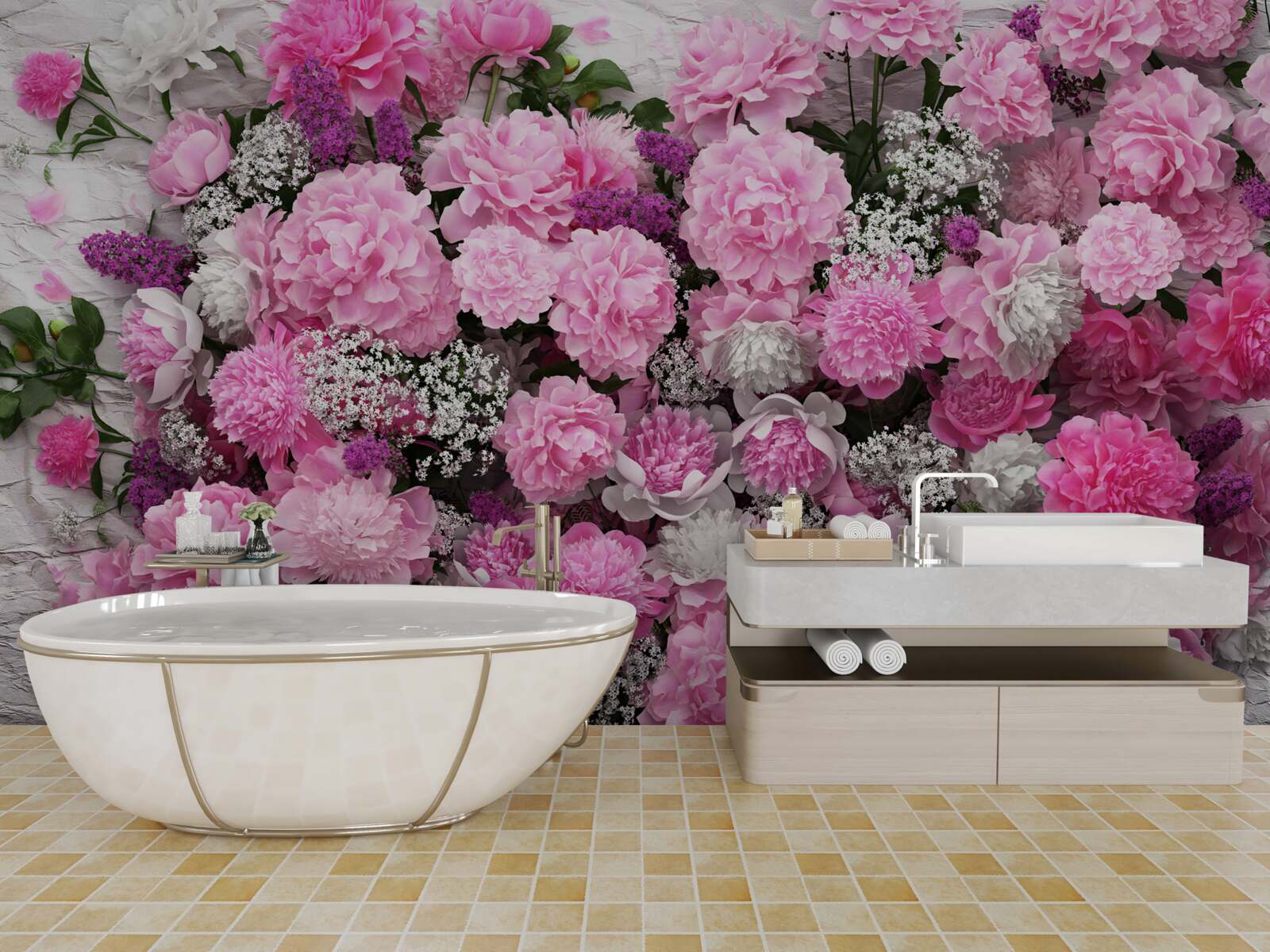 Fotobehang groot aantal roze pioenrozen