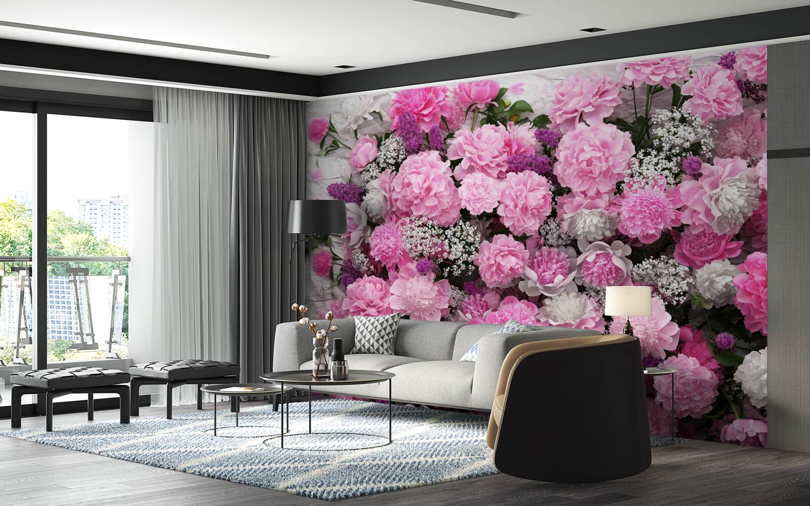 Fotobehang groot aantal roze pioenrozen