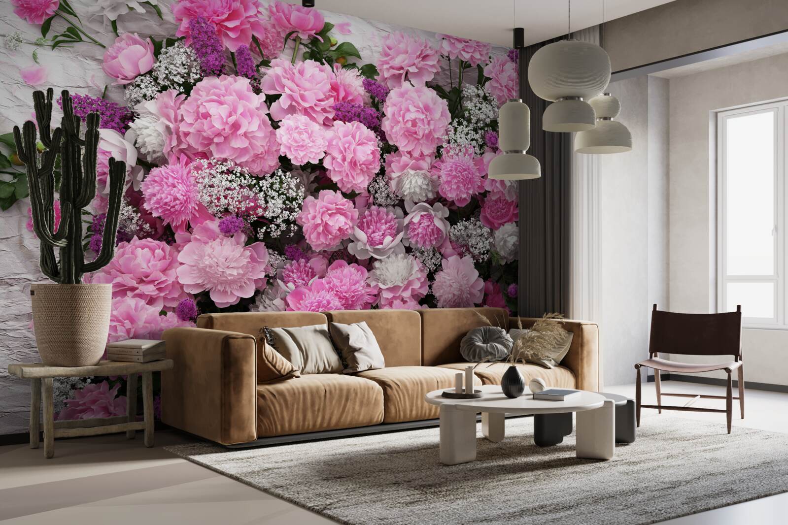 Fotobehang groot aantal roze pioenrozen