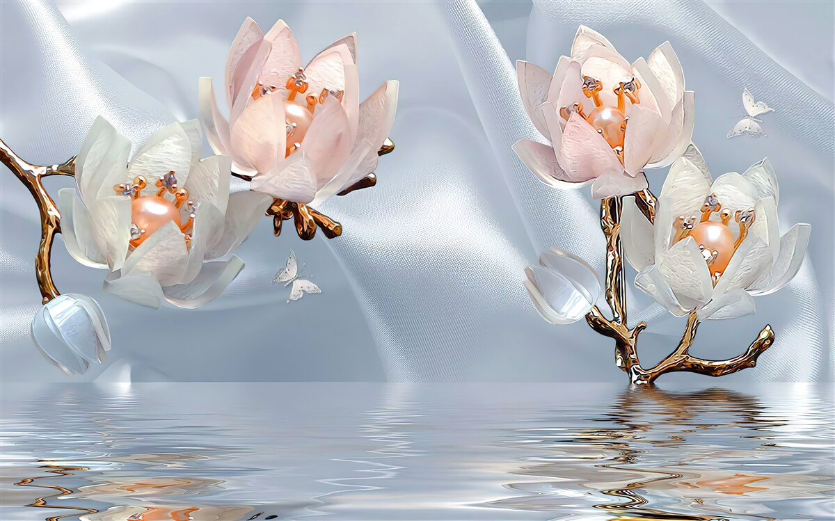 Fotobehang grote witte bloemen bloeiden op de takken boven het water