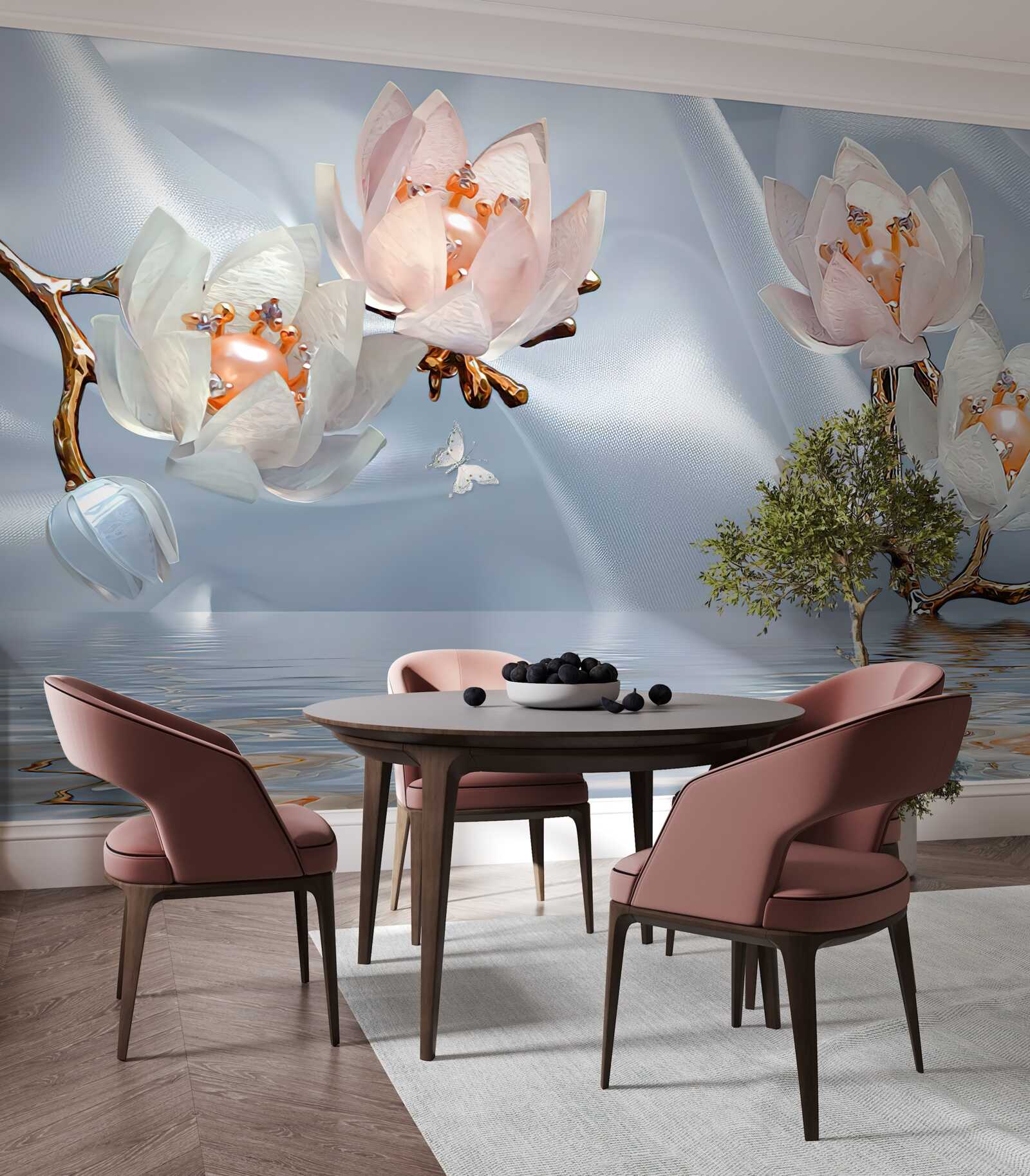 Fotobehang grote witte bloemen bloeiden op de takken boven het water