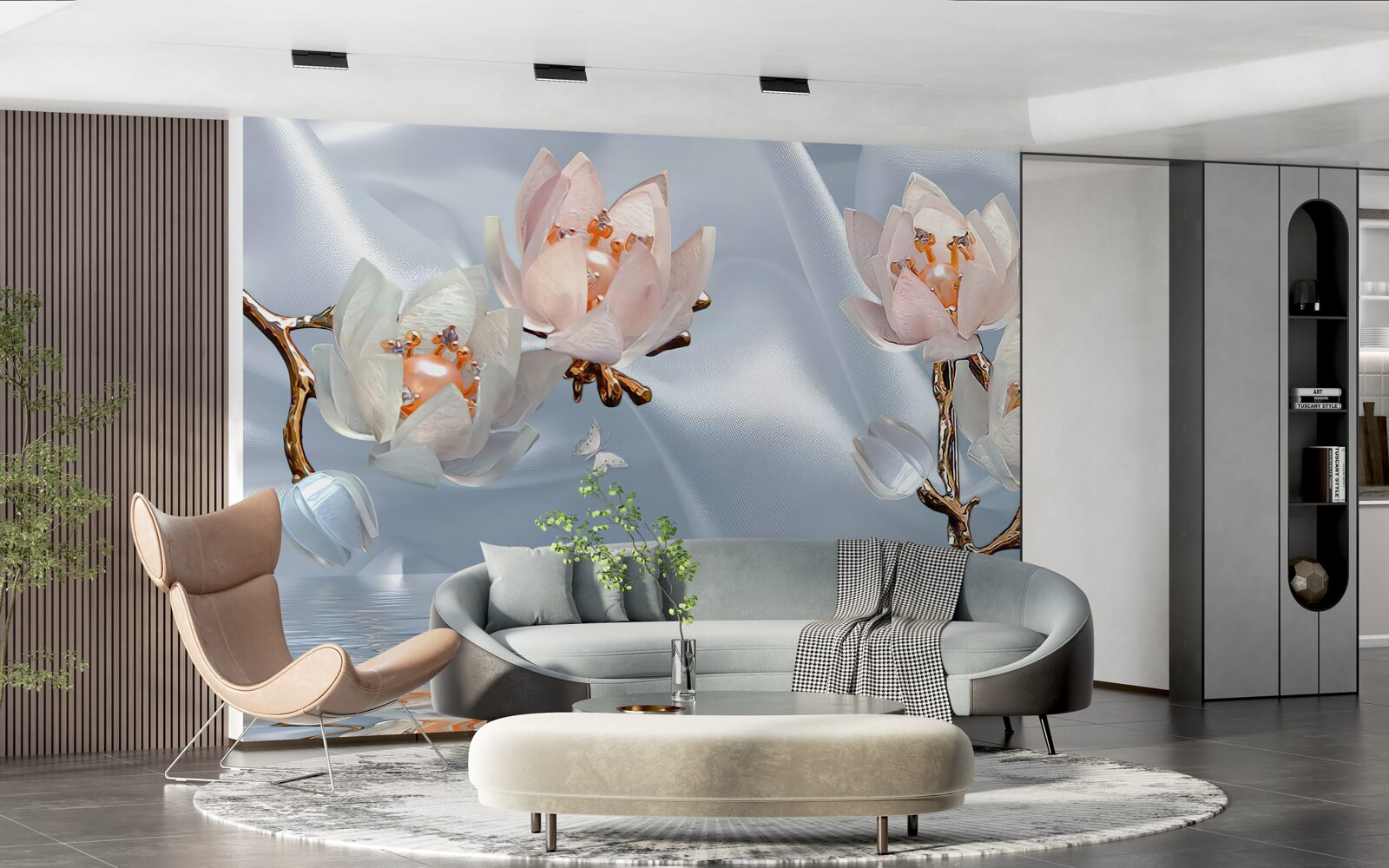 Fotobehang grote witte bloemen bloeiden op de takken boven het water